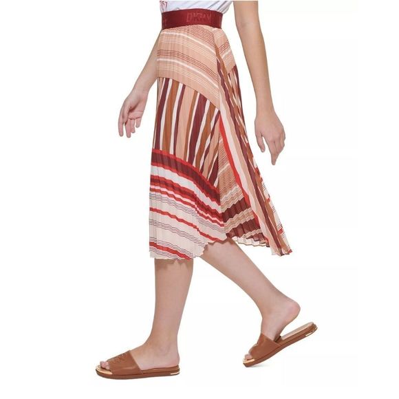 DKNY Chiffon Stripe Print Pleated A-Line Midi Skirt Large - Picture 2 of 10